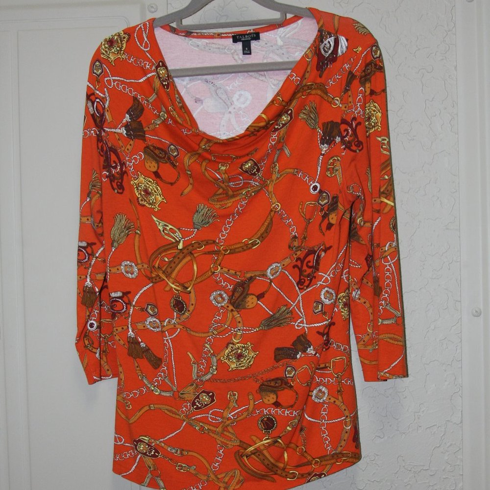 Talbots equestrian print cowl neck top with 3/4 sleeves